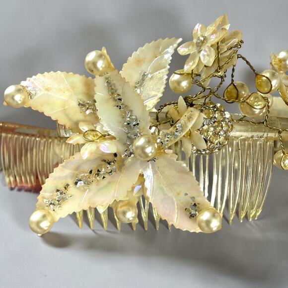 Mid Century Crown Tiara Shell Pearl Floral Headpiece Vintage Wedding MCM Prom main image 8